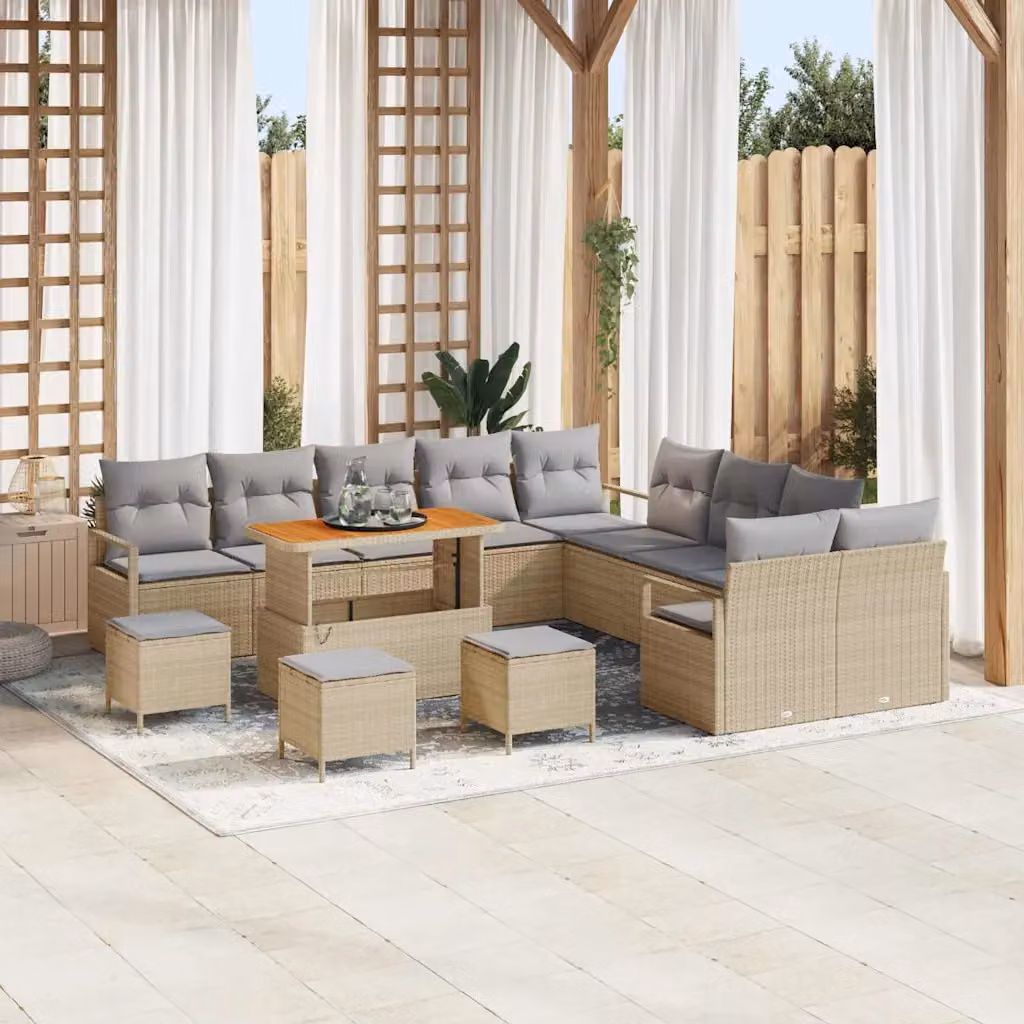 Set Divano da Giardino vidaXL 14 pz a Forma a L con Poltrona, Tavolino e Pouf, Colore Beige, Struttura in Metallo e Polyrattan con Cuscini Inclusi