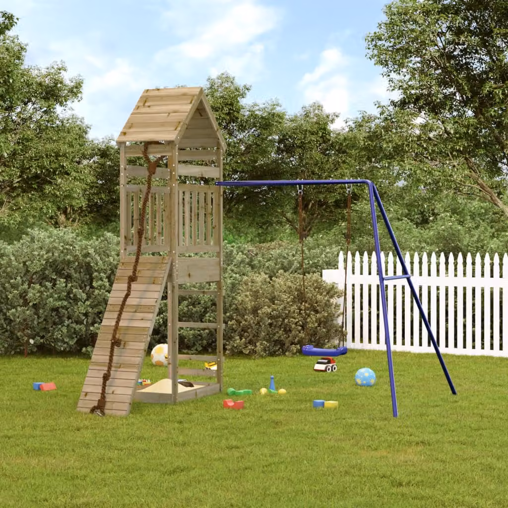vidaXL Set da Gioco da Esterno con Torre di Gioco, Altalena e Sabbiera in Legno di Pino e Polipropilene, Blu e Marrone