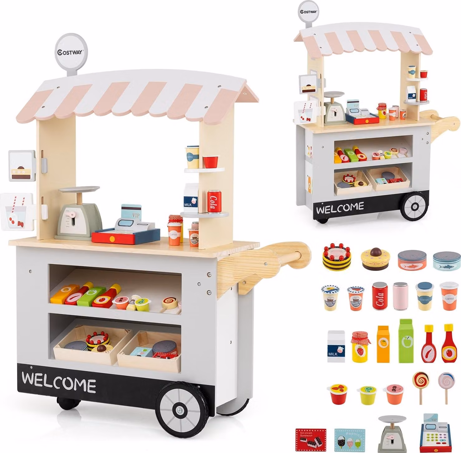 Food truck in legno per bambini con 30 accessori, dai 3 anni in su