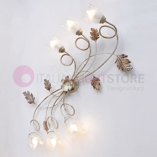 IRIS LUCE Plafoniera SYBILLA in Metallo e Vetro Stile Rustico Floreale, Disponibile in Bianco, Marrone o Oro/Ottone, L/P/H: 70 x 240 x 12 cm