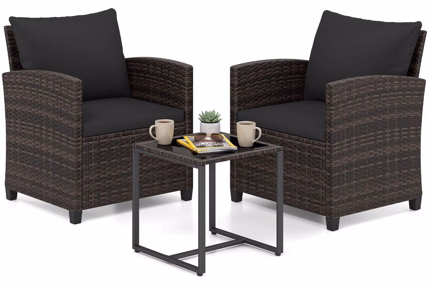 Set di mobili da giardino COSTWAY in polyrattan, mobili da balcone con 2 sedie con cuscini e tavolo in vetro, set da balcone per 2 persone, salottino da esterno marrone-nero