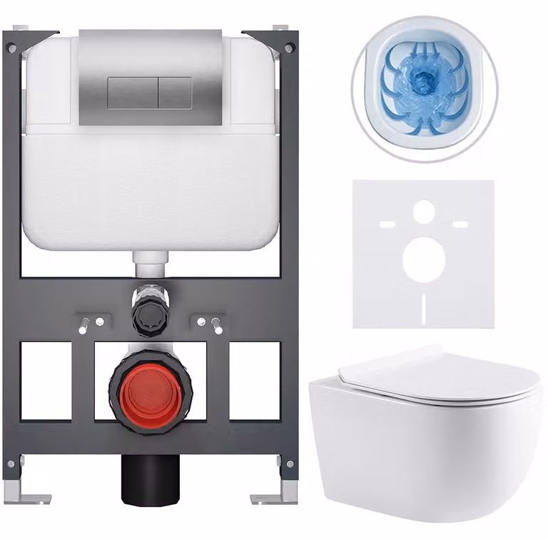 CERANO - Set WC da incasso Felci - bianco lucido - pulsante Prime/Modulo, argento - sospeso - modulo basso - installazione pre-parete/cartongesso - 53x37 cm