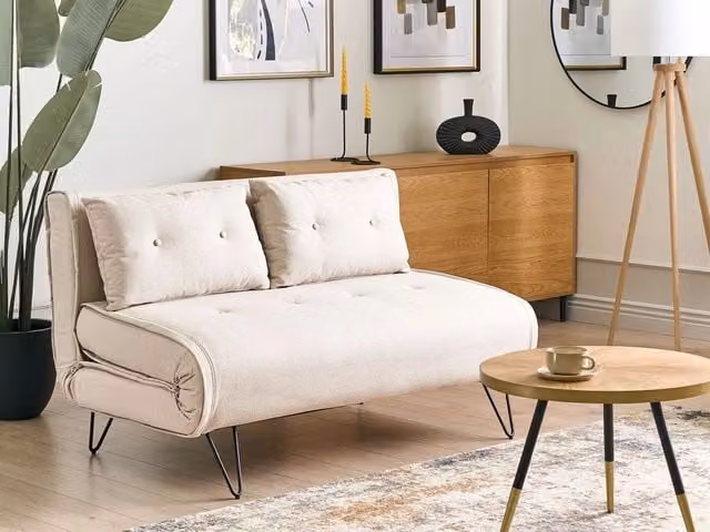 Divano letto click clack Glamour Beliani in tessuto beige con cuscini e poggiatesta regolabile – 1