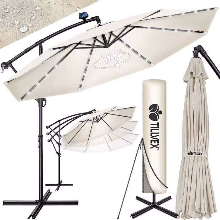 tillvex ombrellone a sbalzo in alluminio Beige LED Solar Ø 350 cm con manovella | ombrellone con interruttore on/off | ombrellone da giardino protezione UV alluminio | ombrellone a manovella con supporto ombrellone da mercato impermeabile