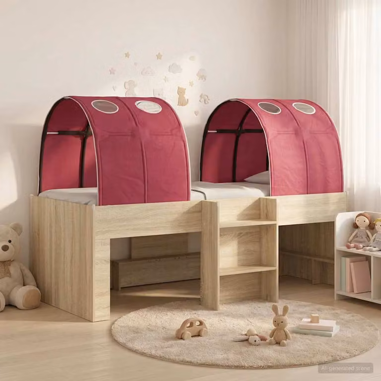 Letto per bambini con tunnel vidaXL in legno e tessuto, L/P/H: 193 x 120 x 111 cm, colore marrone e rosso
