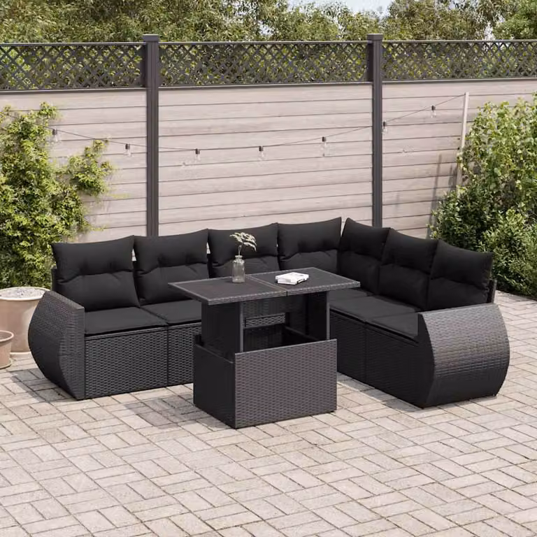 Set Divano da Giardino a L con 7 Pezzi vidaXL Nero con Cuscini e Tavolino in Polyrattan e Metallo