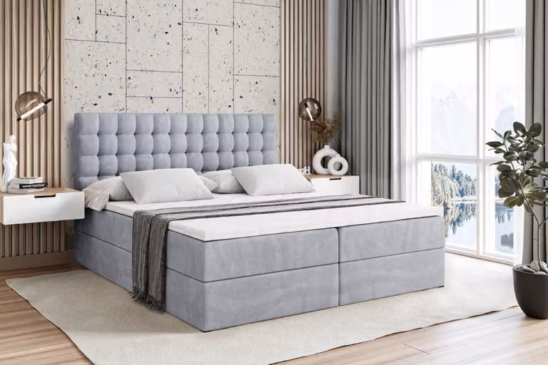 Letto boxspring ALTDECOR con materasso e rete a doghe - VIONE - 160x200 cm - Grigio Monolith - Letto boxspring, topper, letto imbottito con contenitore, letto con vano portaoggetti H4 - Materasso, letto matrimoniale, letto boxspring