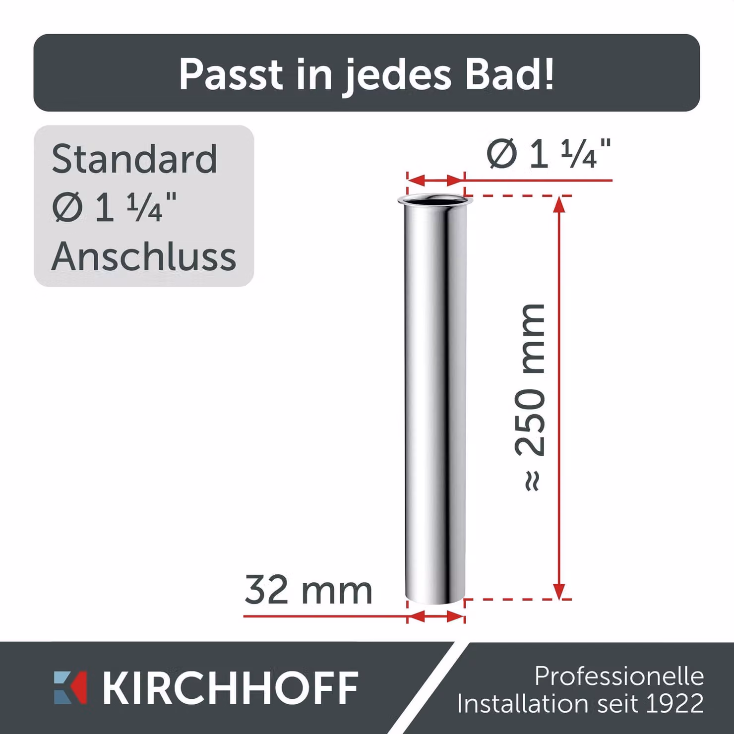 Tubo di immersione, cromato, 1 1/4" x 32 mm x 250 mm, per sifone