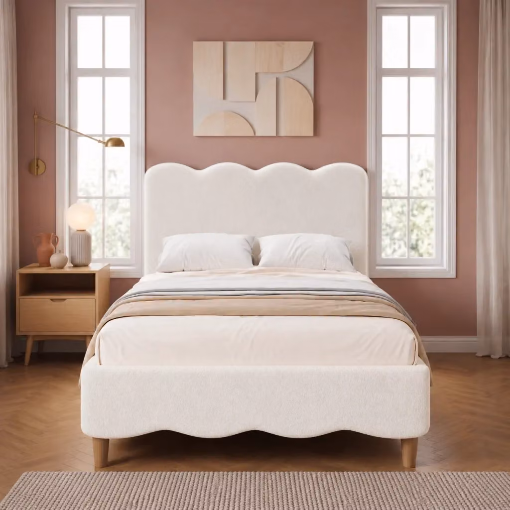 Letto singolo OKWISH in bouclé bianco con testiera imbottita e rete inclusa, L/P/H: 90 x 200 x 108 cm – 2