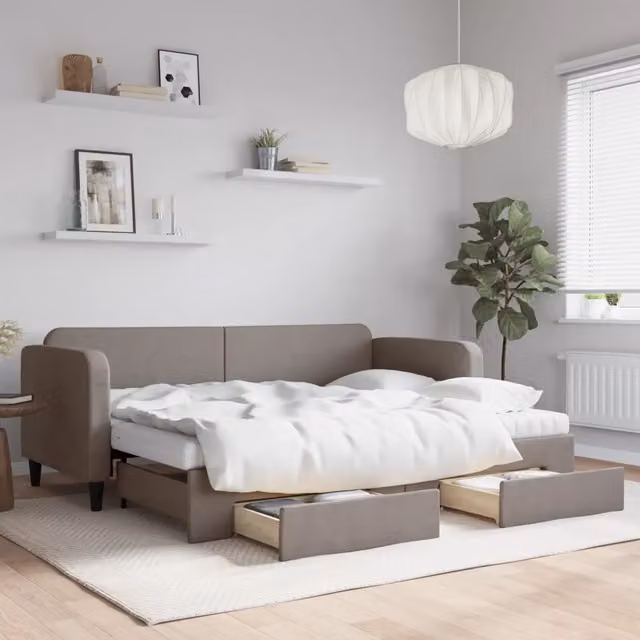 Divano Letto Estraibile con Cassetti vidaXL in Tessuto Beige o Grigio per Soggiorno e Camera da Letto L/P/H: 223 x 90 x 75 cm, Dimensioni Letto: 80 x 200 cm