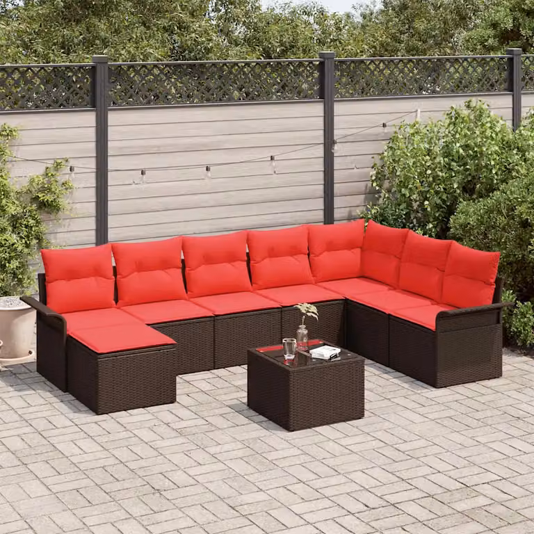 Set Divano da Giardino vidaXL 9 pz in Polyrattan Marrone con Cuscini e Tavolino da Caffè