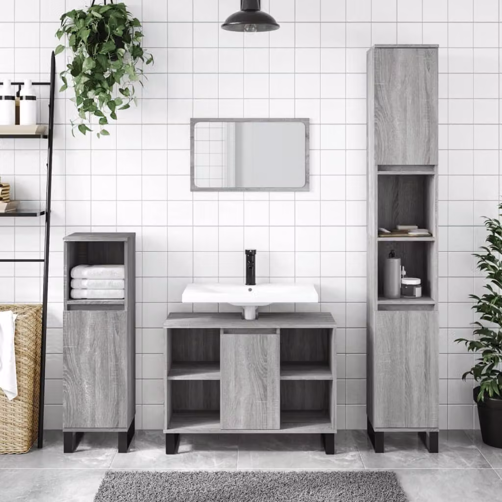 Set di mobili da bagno moderno vidaXL composto da 3 pezzi in legno e metallo, colore grigio opaco