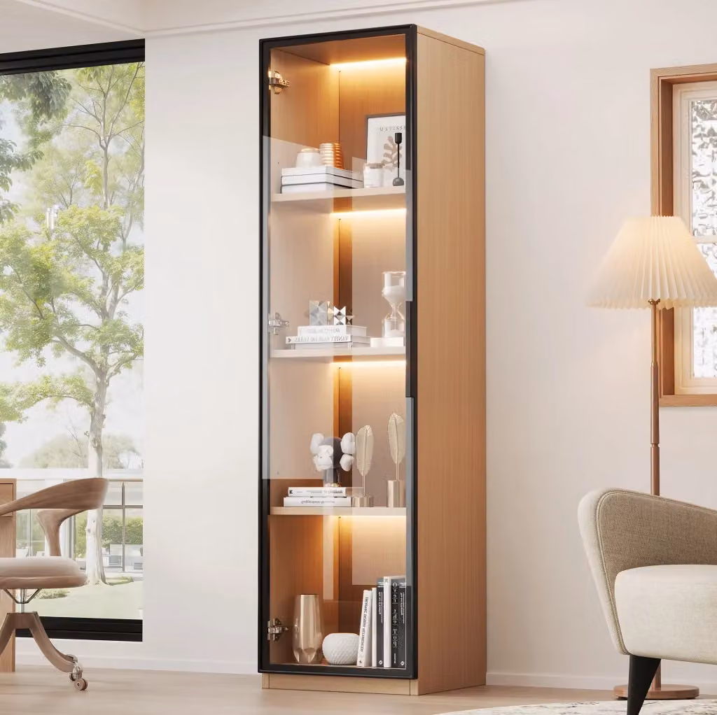 Vetrina alta MODFU in MDF effetto rovere con ante in vetro temperato, illuminazione LED integrata e sistema soft-close, L/P/H: 40 x 40 x 165 cm – 2