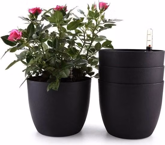 Vaso da fiori con serbatoio d'acqua - Autoinnaffiante - Set di 4 - Nero - 15 cm