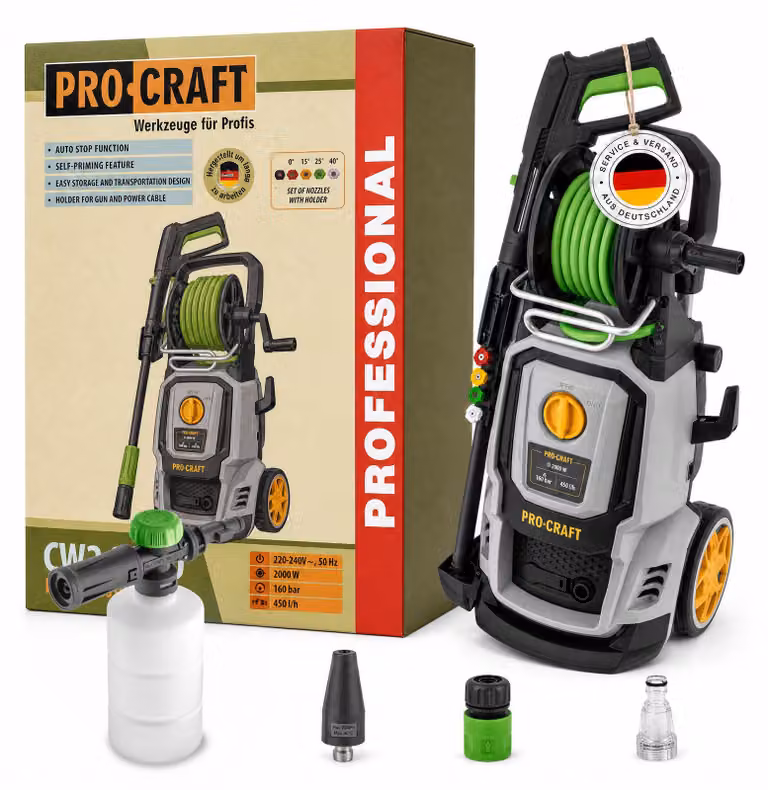 Idropulitrice ad acqua fredda Procraft CW2.0/160 da 2.000 Watt, 160 bar, 7,5 l/min + accessori - Temperatura massima dell’acqua 40 °C