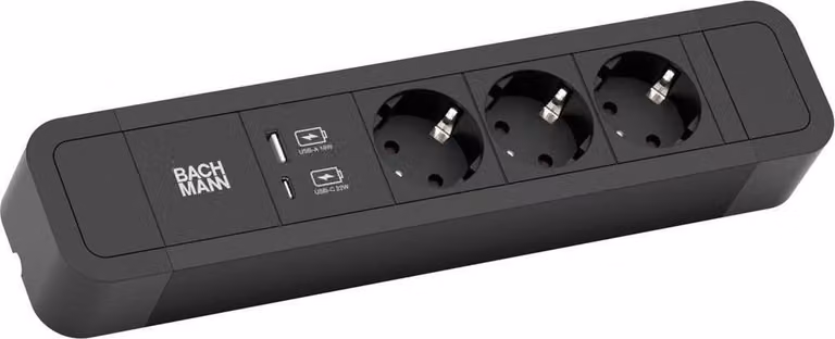 BACHMANN PRIMO2 presa multipla 3x contatto di terra, alluminio, USB Charger A&C, nero, 2 m