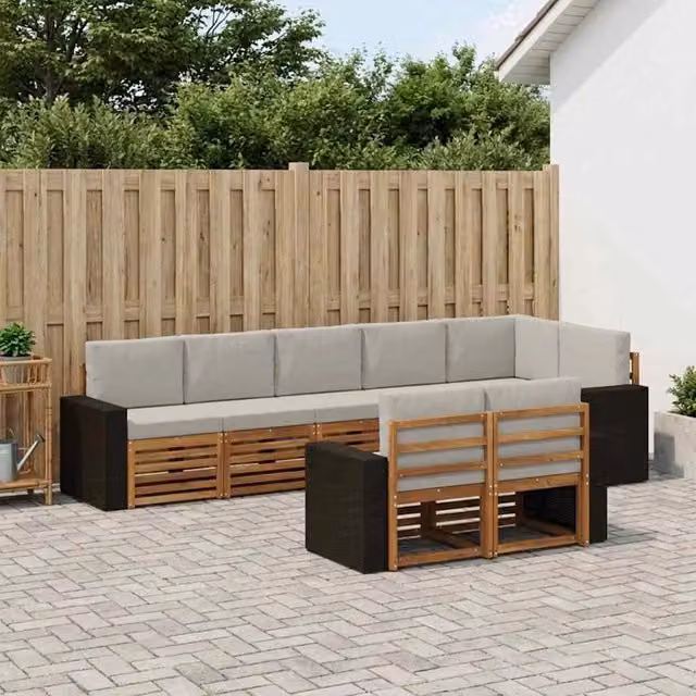 Set di divani da esterno vidaXL in legno di acacia con cuscini beige e grigio per giardino e terrazza, 8 pezzi