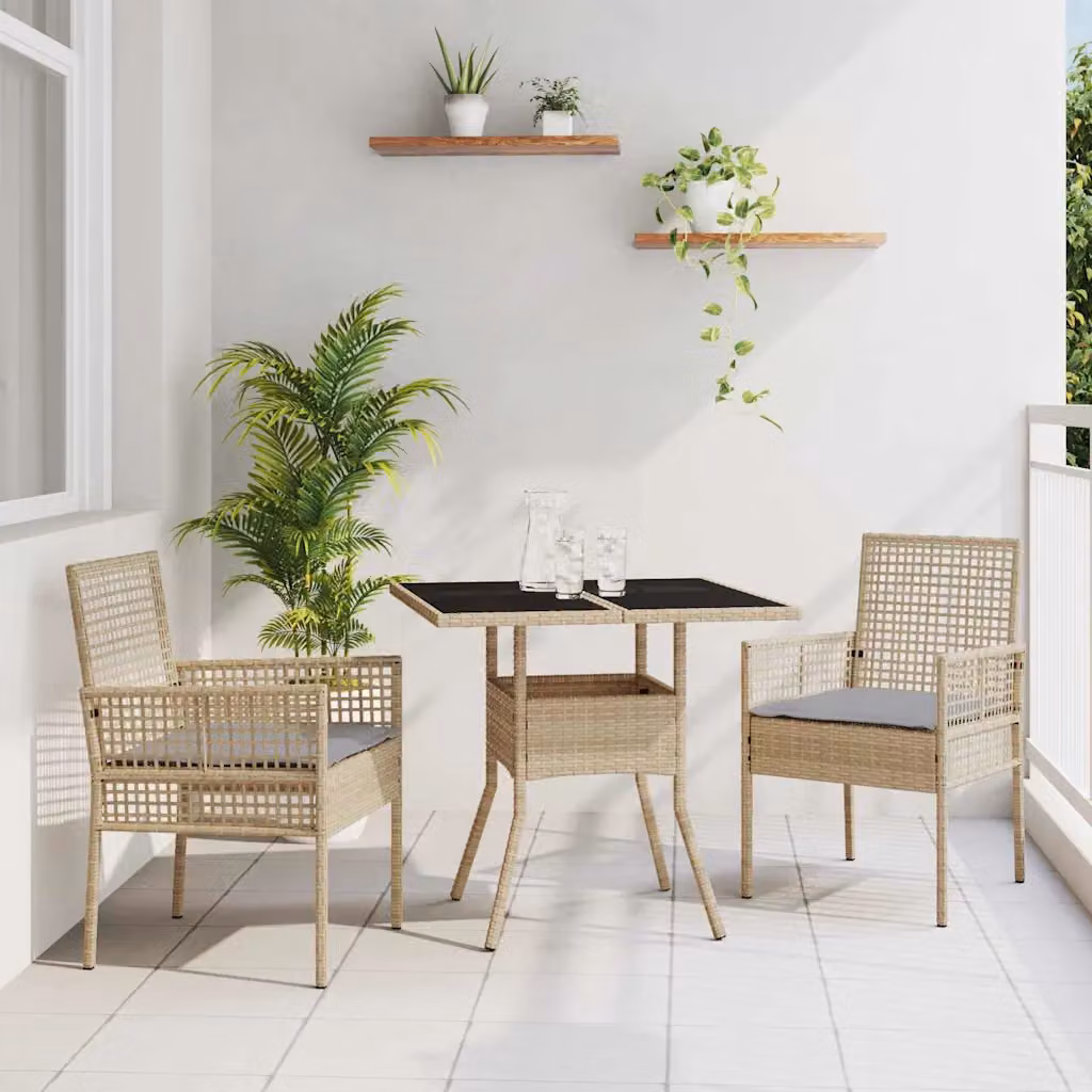 Set da pranzo per giardino e terrazzo vidaXL in polyrattan beige con tavolo in vetro e 3 sedie moderne