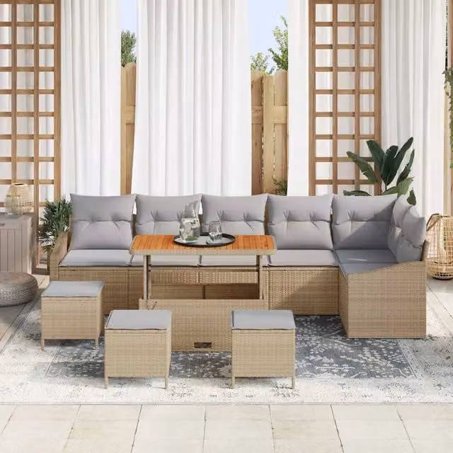 vidaXL Set Divano da Giardino a L con Tavolino e Ottoman, 8 Posti, Beige