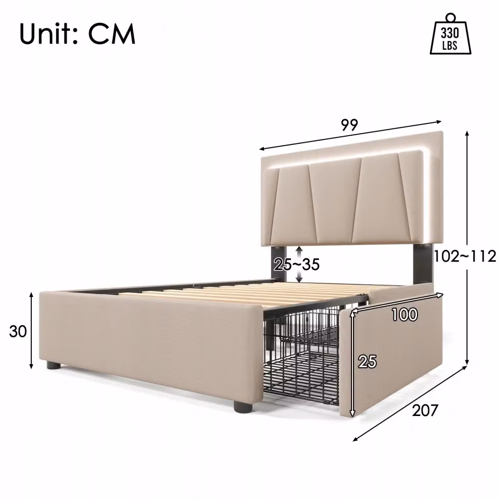 Letto Singolo Moderno con Cassetti, Illuminazione Sotto il Letto e Porte USB, Grigio e Beige, L/P/H: 90 x 200 x 102 cm – 2