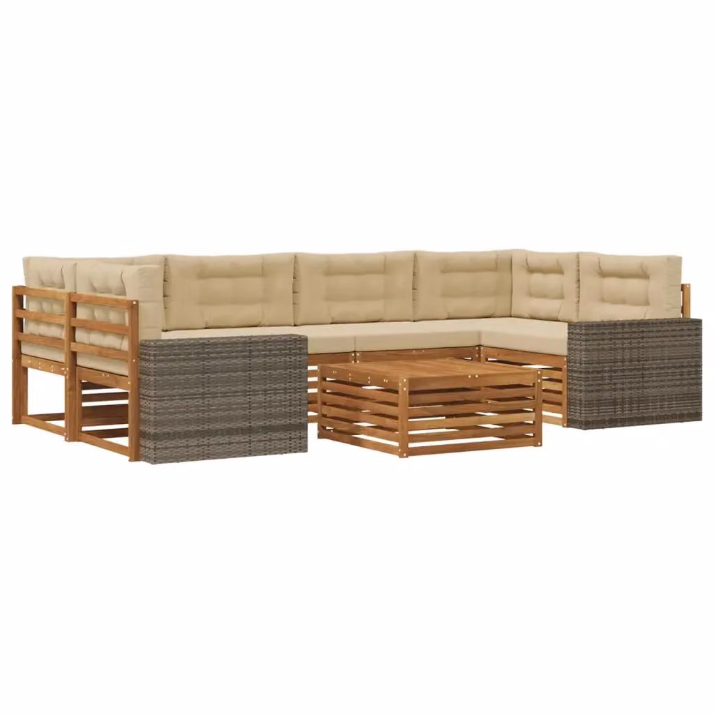 Set di divani da esterno a L con tavolino vidaXL in legno di acacia e tessuto beige e sabbia, composto da 7 pezzi con cuscini inclusi – 2