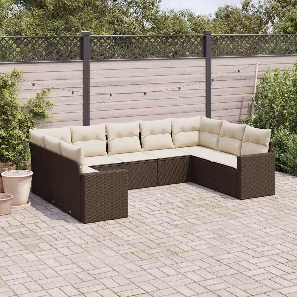 vidaXL Set Divani da Giardino a L 9pz con Cuscini Marrone e Bianco in Polyrattan e Metallo – 1
