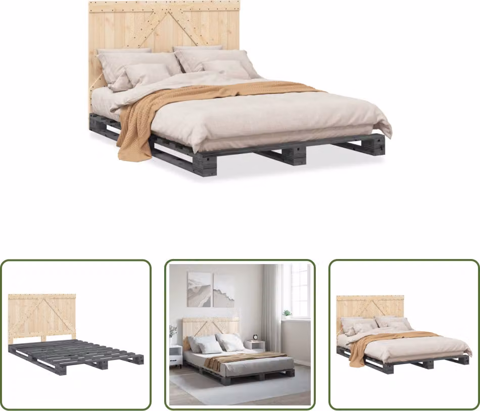 The Living Store Letto in legno massiccio con testiera grigio 140x200 cm pino
