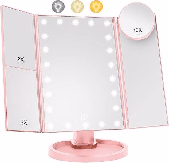 Specchio trucco ingrandente con luci LED, dotato di 22 LED, doppia funzione di ingrandimento 1x/2x/3x/10x, luminosità regolabile, movimento a 180 gradi, specchio da viaggio per il trucco, colore rosa