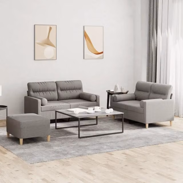Set di Divani Moderno vidaXL composto da Divano a 2 posti, Ottoman e Cuscini in Tessuto Grigio e Beige