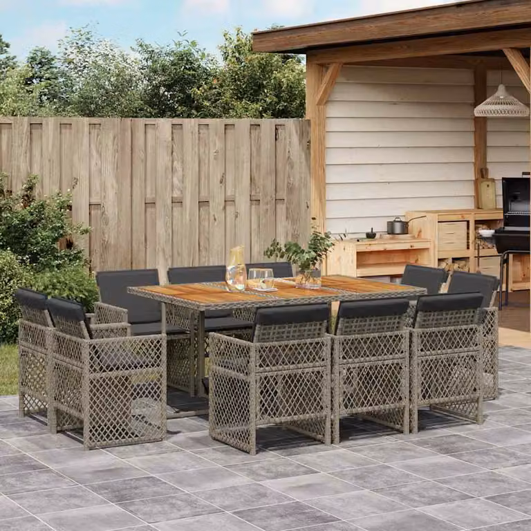 Set da pranzo da giardino vidaXL in polyrattan e legno di acacia con 11 pezzi e cuscini, grigio e marrone
