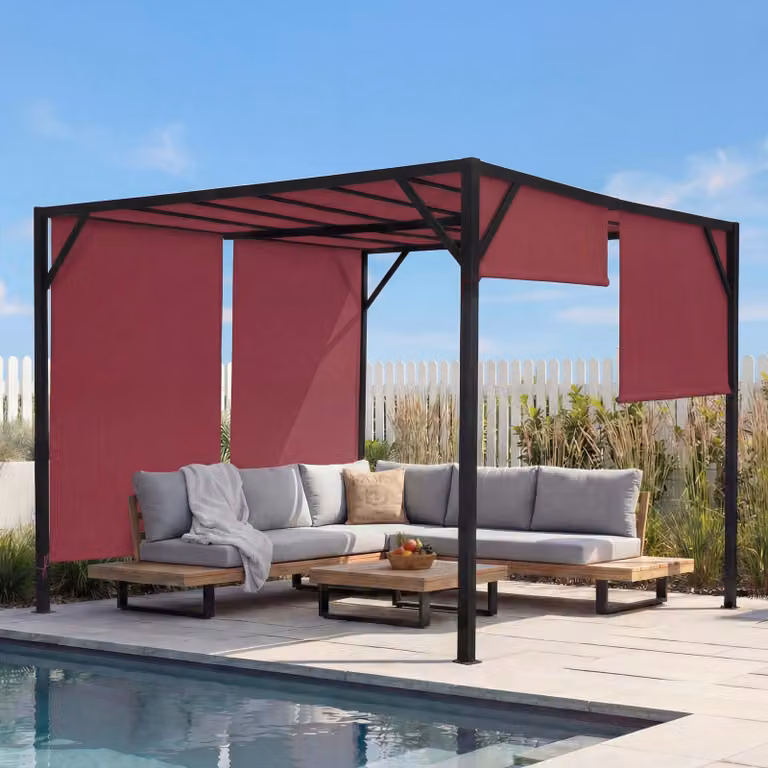 Pergola Baia, tetto a padiglione da giardino, robusta struttura in acciaio da 6 cm + tetto scorrevole rosso bordeaux ~ 3x3m
