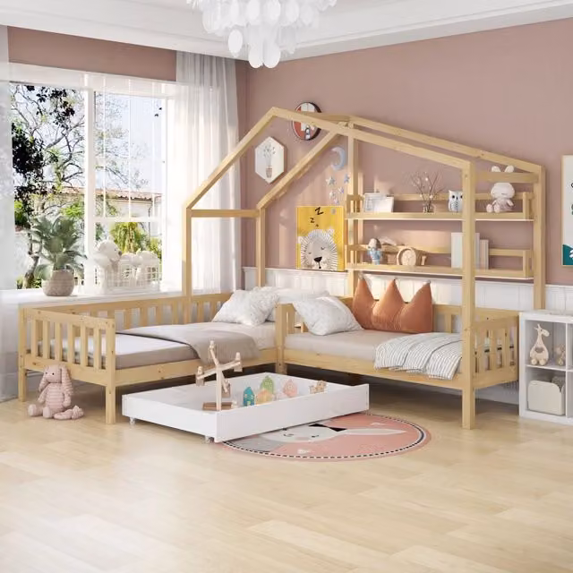 Letto casetta per bambini 90×200 cm e 140×70 cm 2 posti con cassetto e 2 mensole, senza materasso, legno naturale