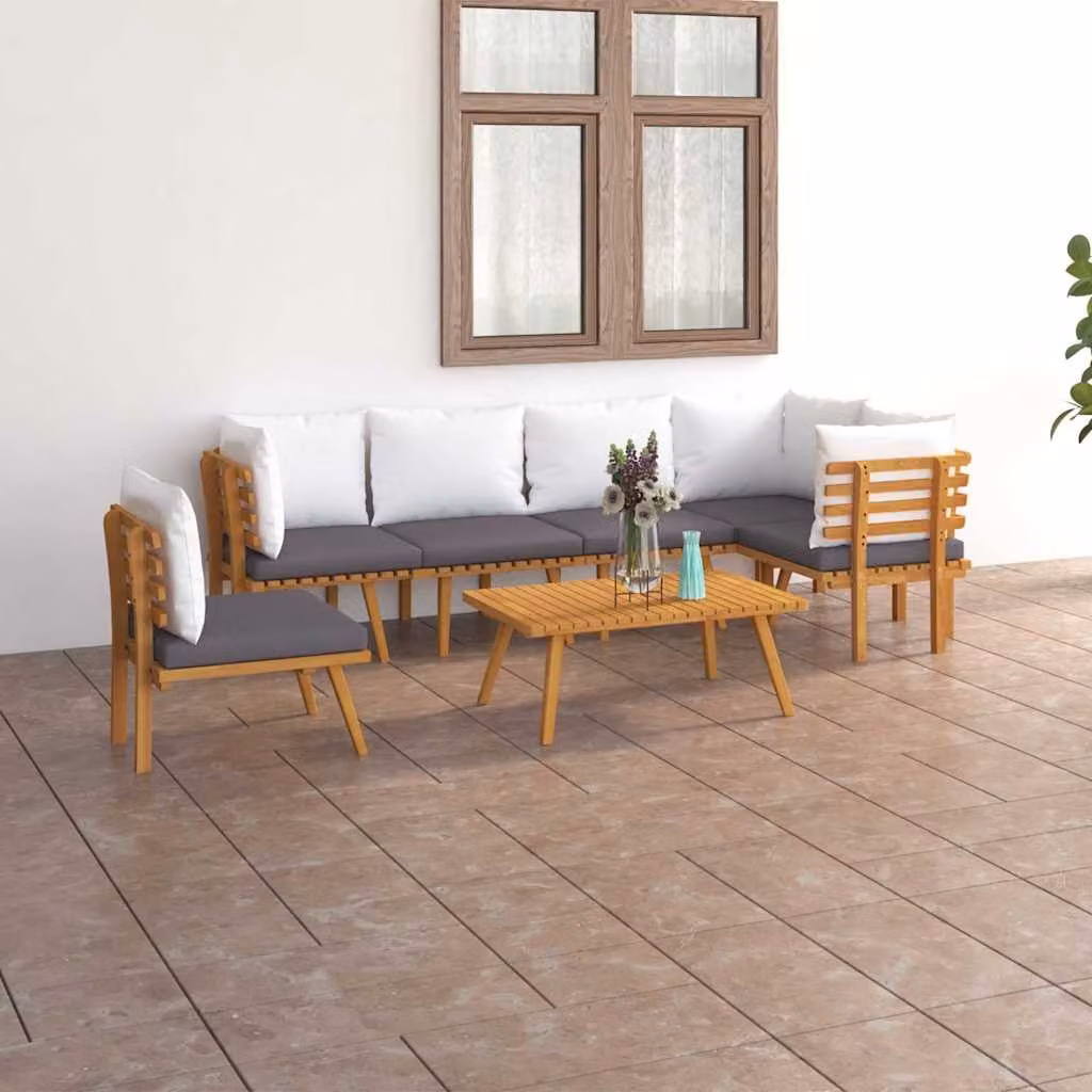 Set di divani da giardino vidaXL in legno massello di acacia con cuscini, composizione a L con tavolo da caffè, 7 pezzi