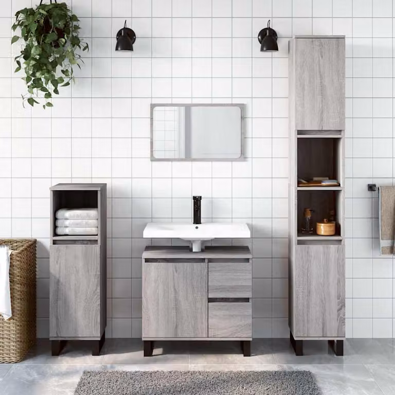 Set di mobili da bagno moderno vidaXL composto da 3 pezzi in legno e metallo, colore grigio opaco, H: 190 cm, L: 30 cm, P: 30 cm