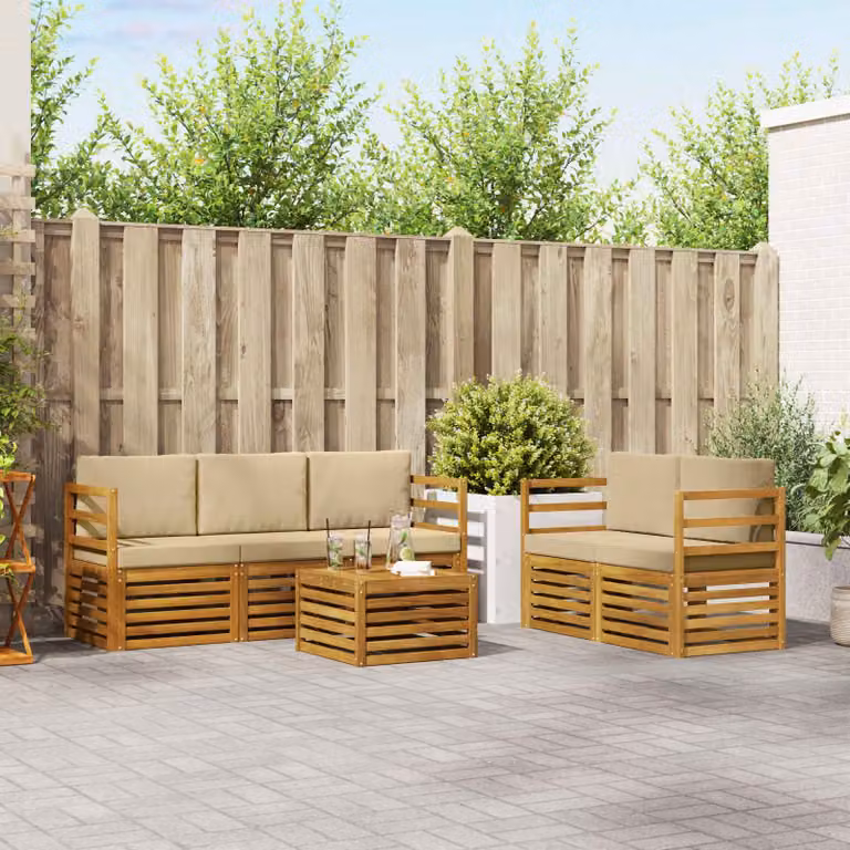 Set di divani da esterno vidaXL a forma di L in legno di acacia con tavolo da caffè, 6 pezzi, Beige e Marrone