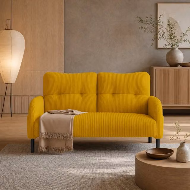Divano a 2 posti MODFU in velluto a coste giallo con struttura in metallo e legno, L: 120 cm, P: 75 cm, H: 79 cm