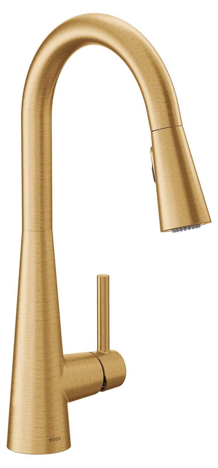 Miscelatore da cucina, modello ad arco alto, estraibile, con funzione di potenziamento del flusso, finitura oro spazzolato