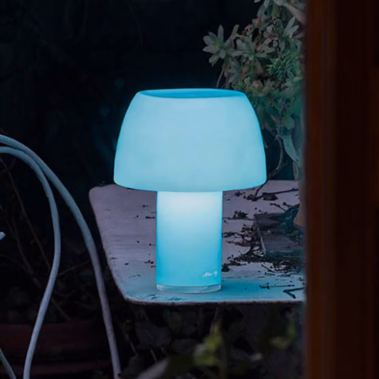 Nemo Lampada da tavolo LED Lorosae, blu, vetro, IP54, USB dimmerabile, Blu, Vetro