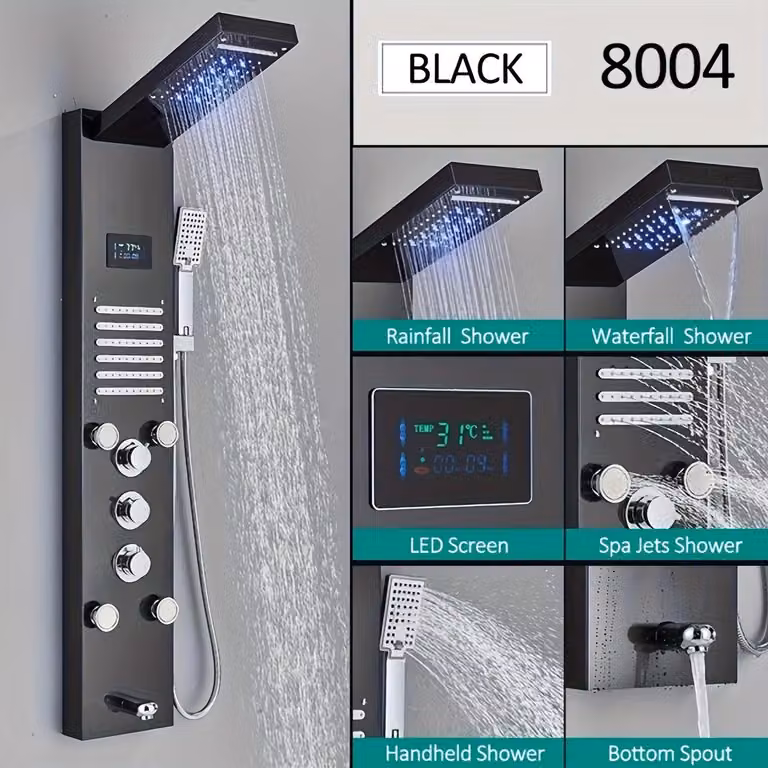 Pannello doccia multifunzione 6-in-1 in acciaio inossidabile – Colore nero opaco, sistema doccia a pioggia con display LCD e funzione massaggio – Montaggio a parete