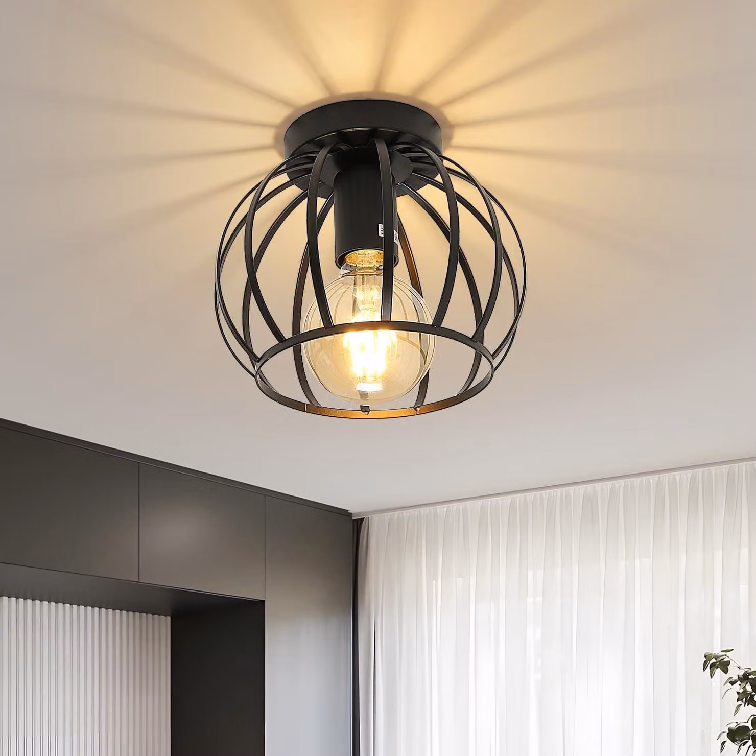 Comely: Lampada da soffitto vintage in stile industriale, con portalampada E27 e struttura a gabbia, colore nero