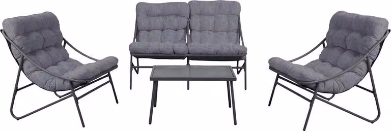 Set da giardino: divano, 2 sedie, tavolo in acciaio con piano in vetro, grigio, 128 x 85 x 95 cm