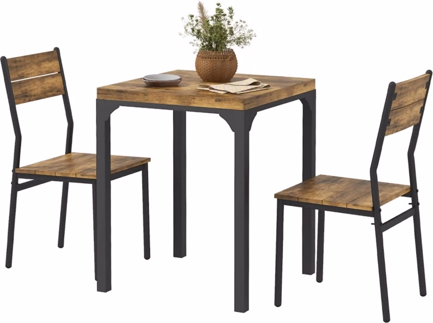Set da pranzo a 3 pezzi, composto da 1 tavolo e 2 sedie, in MDF e metallo, marrone