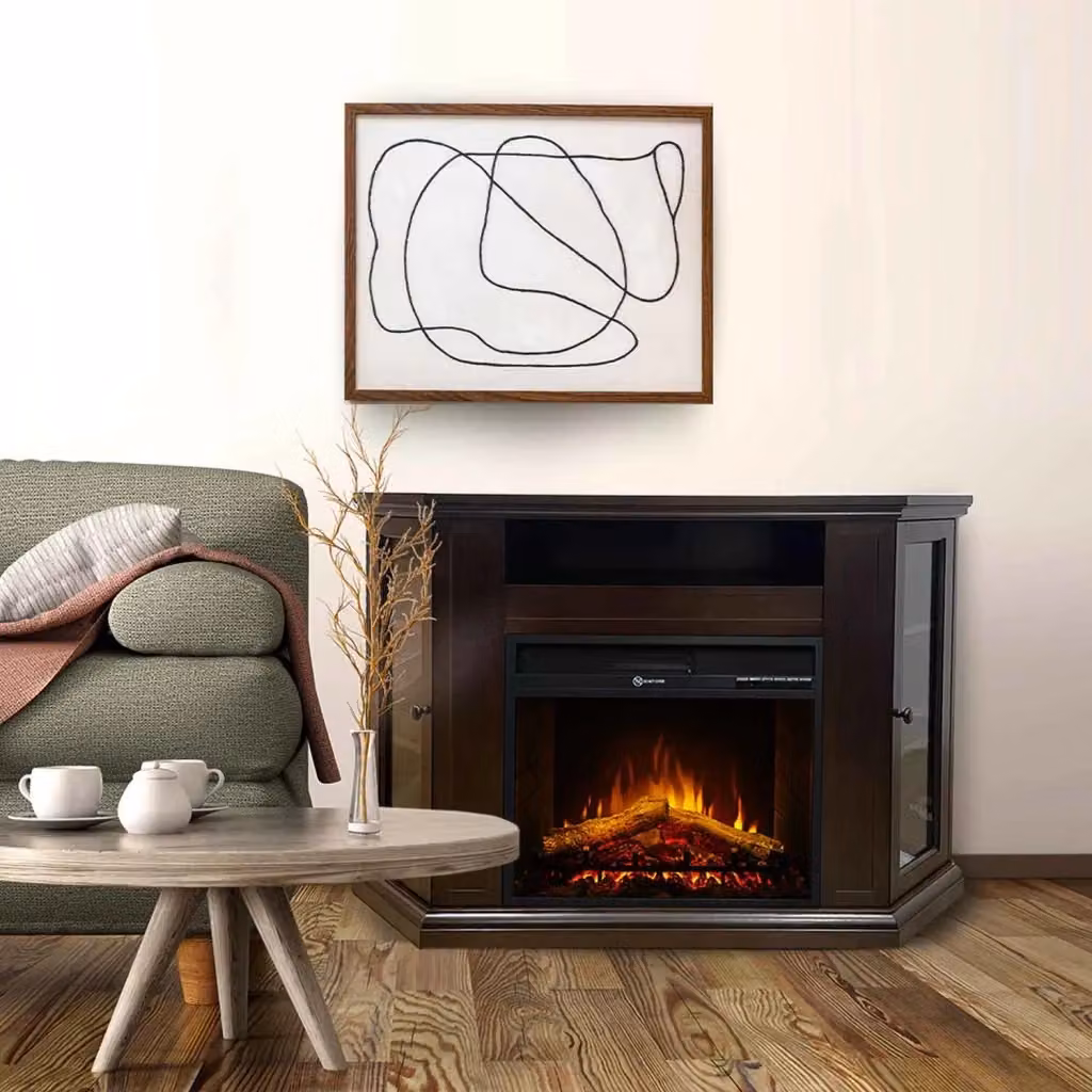 Camino elettrico angolare da terra Frankystar Madison con effetto fiamma, colore noce e dettagli in vetro, L: 126 cm, P: 78 cm, H: 83 cm – 2