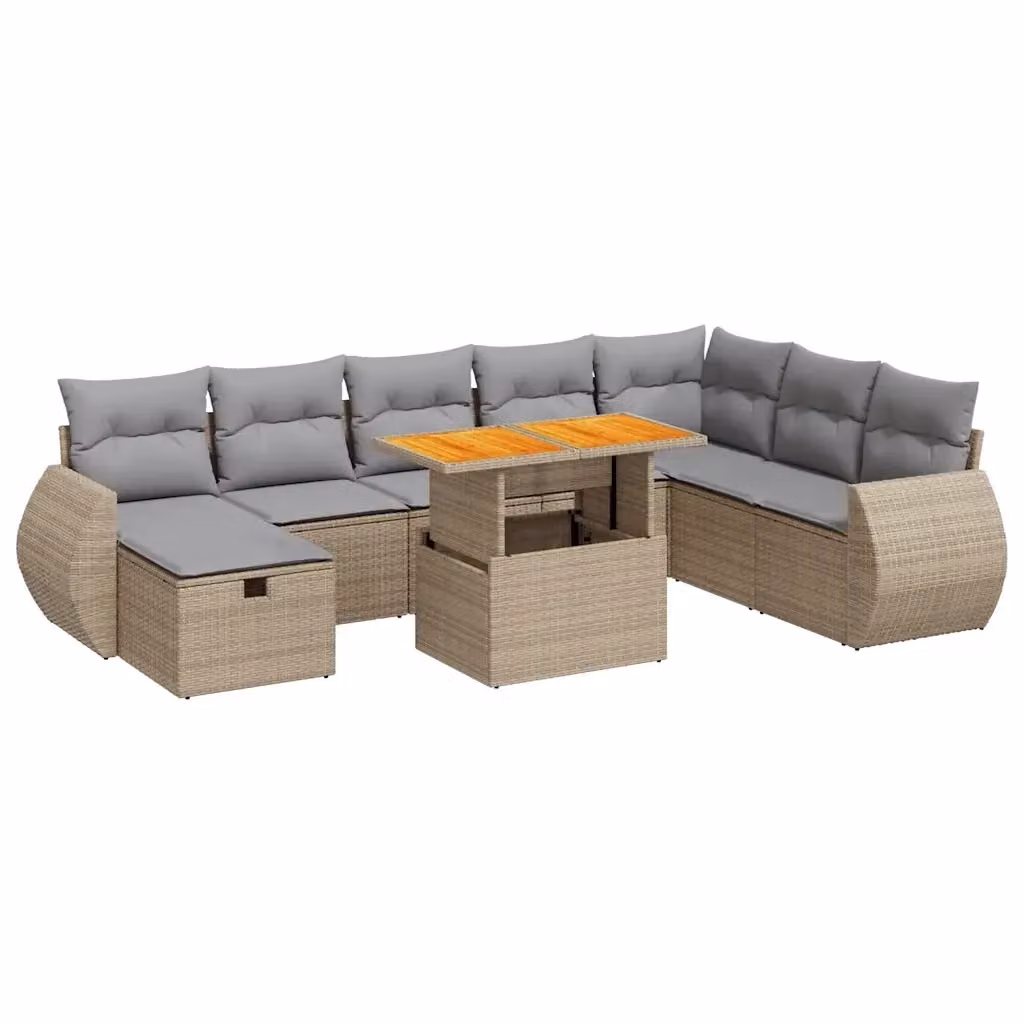 Set Divano da Giardino vidaXL 9 Pezzi in Polyrattan e Legno di Acacia con Cuscini Beige e Grigio – 2