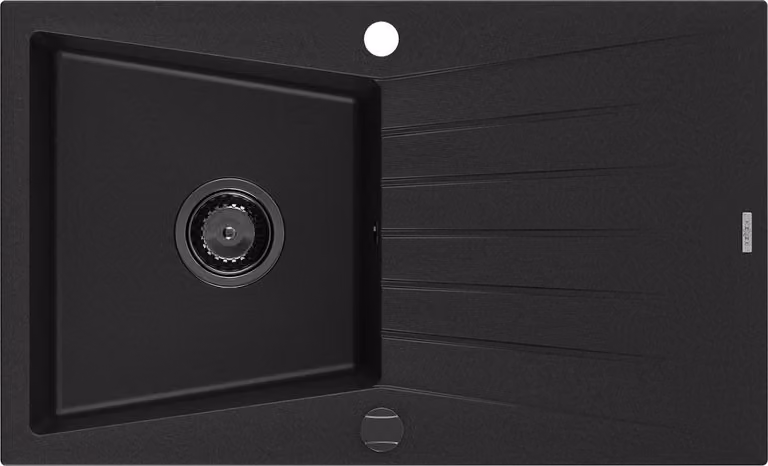 Mexen Cesar lavello in granito a 1 vasca con scolapiatti 775 x 470 mm, nero, sifone nero - 6514771010-77-B