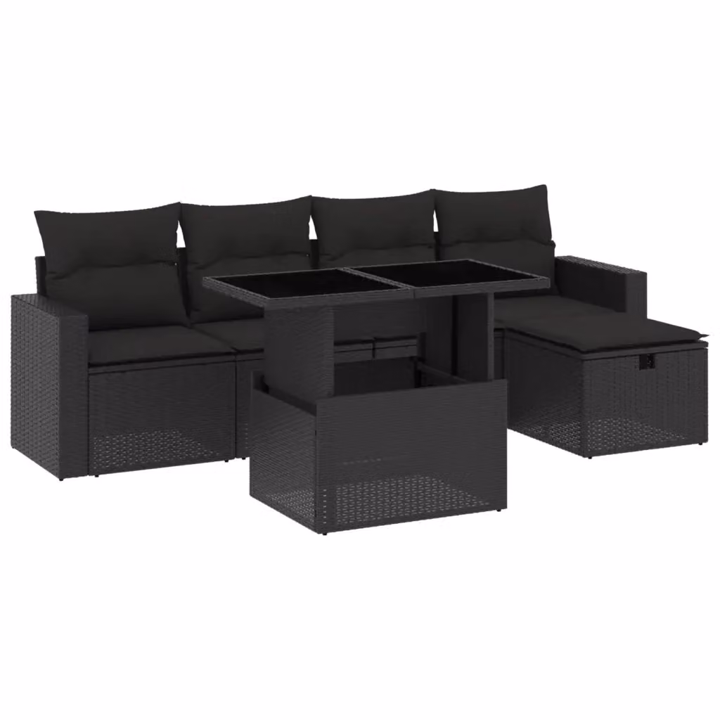Set Divano da Giardino vidaXL 6 pz a L in Polyrattan Nero con Cuscini e Tavolino – 2