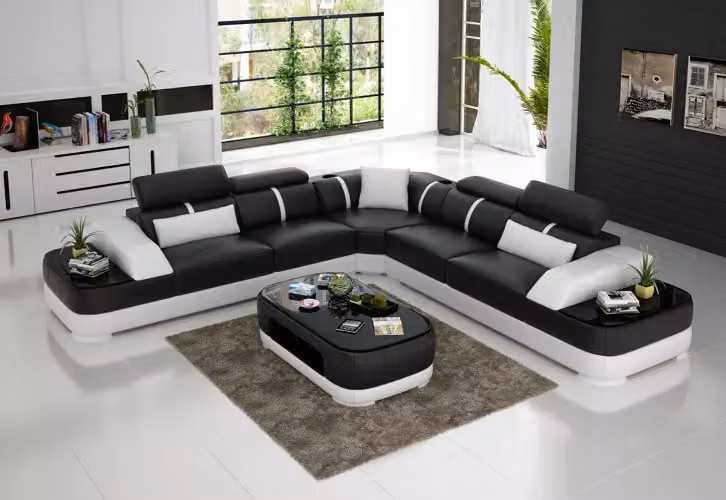 Design Möbel Eckcouch Ecksofa Wohnzimmer Lederpolster Couch Sofa L-Form + Tisch