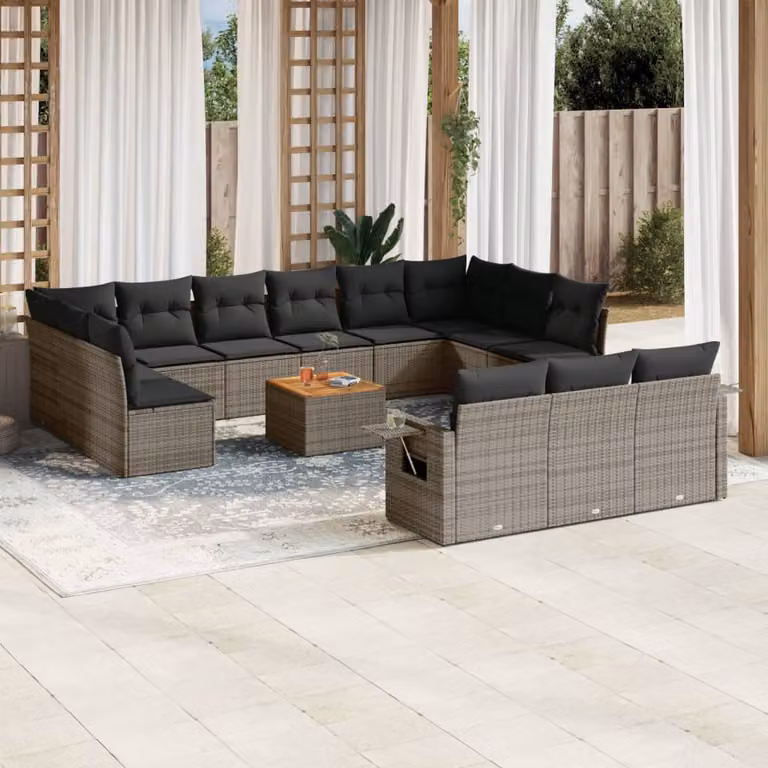 vidaXL Set Divani da Giardino a L in Polyrattan Grigio con Cuscini e Tavolino da Esterno