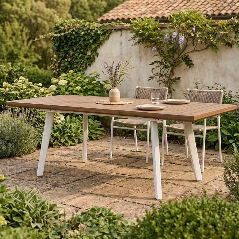 Dmora Tavolo da Esterno Quispamsis 100.5x162x76.5h cm Bianco, 10 Posti Meccanismo Estensione Allunga Centrale