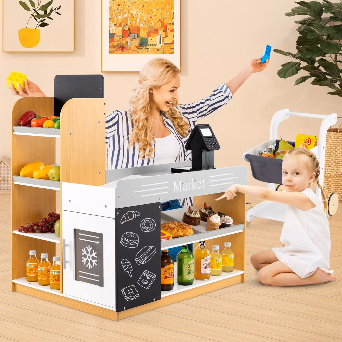 Set da gioco supermercato Costway con carrello della spesa, 2 lavagne e registratore di cassa, Banco di mercato per bambini Bianco